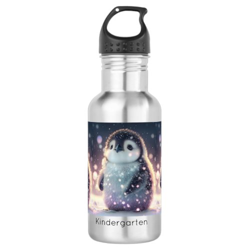 Cute Baby Penguin in snow Kindergarten Custom Name Stainless Steel Water Bottle