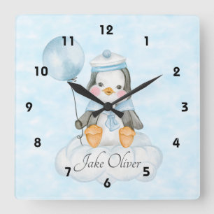 Cute Baby Penguin On A Cloud Square Wall Clock