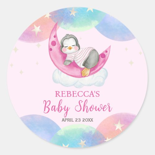 Cute Baby Penguin Pink Baby Shower  Classic Round Sticker