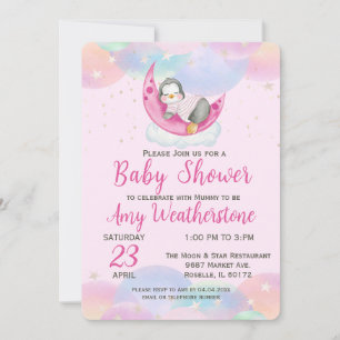 Cute Baby Penguin Pink Baby Shower Invitation