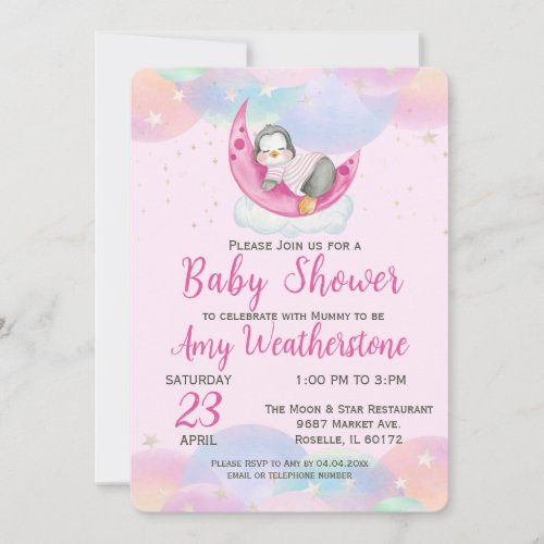 Cute Baby Penguin Pink Baby Shower  Invitation