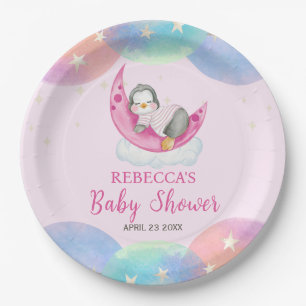 Cute Baby Penguin Pink Baby Shower Paper Plates