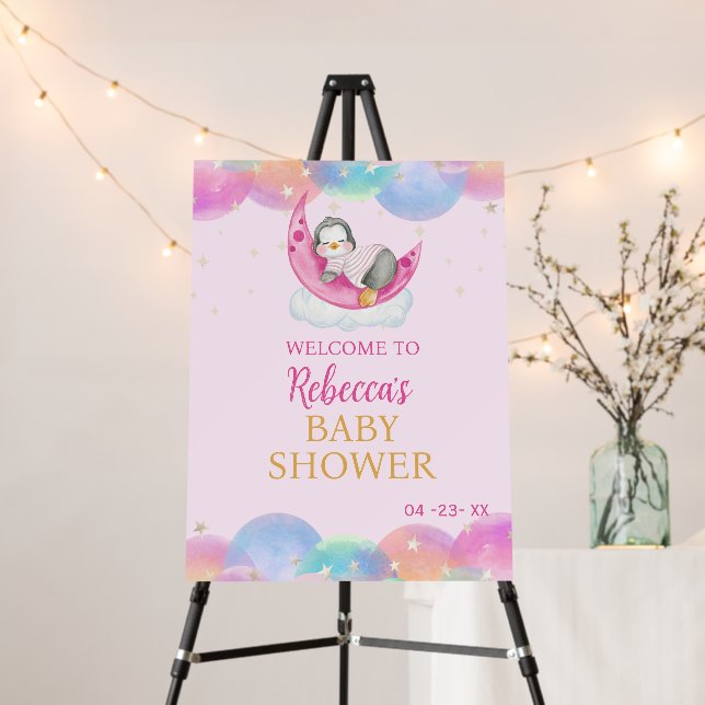 Cute Baby Penguin Pink Baby Shower Welcome Foam Board (In Situ (Stand))