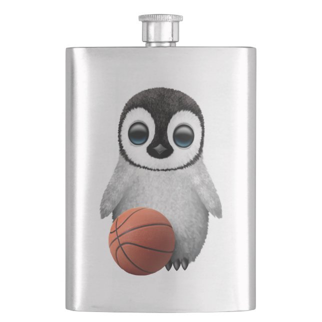 Cute Baby Penguin Playing With Basketball Flask (Front)