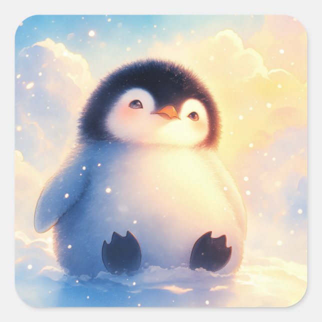 Cute Baby Penguin Sitting in Soft Winter Snow Square Sticker (Front)