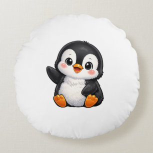 Cute Baby Penguin Waving Cartoon Character Kids Ka Round Pillow