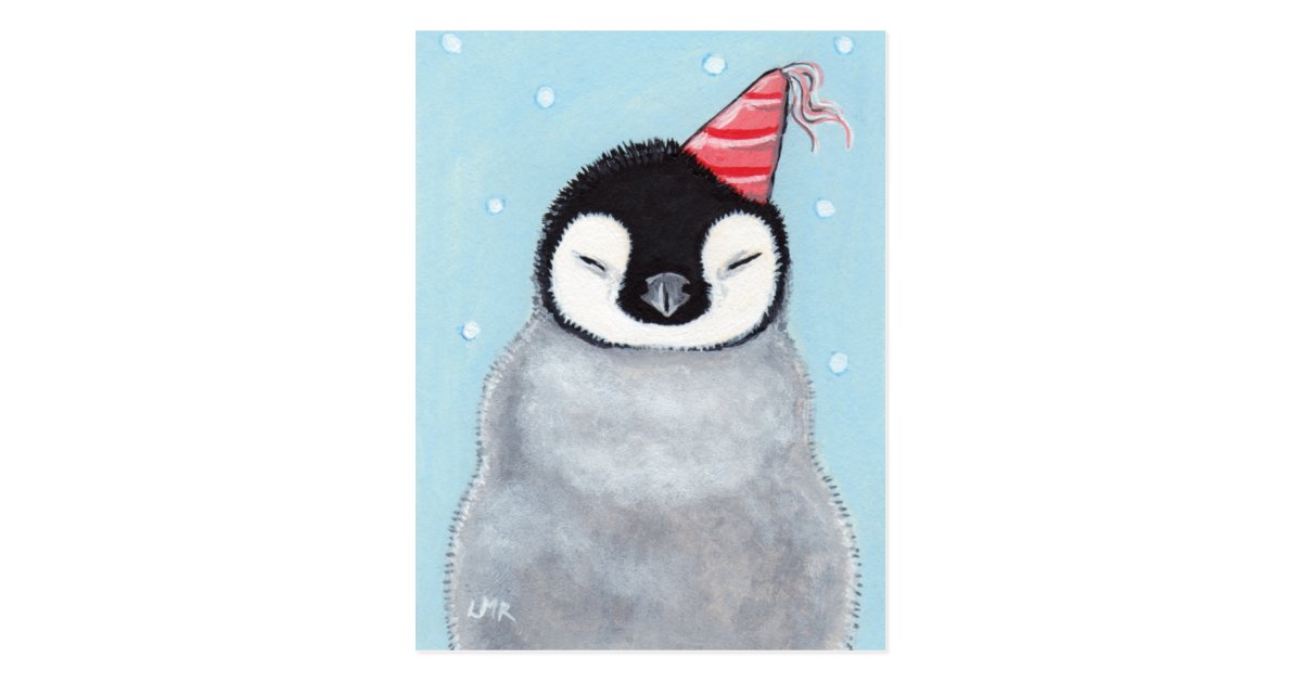 Cute Baby Penguin Wearing A Party Hat Painting Postcard Zazzle