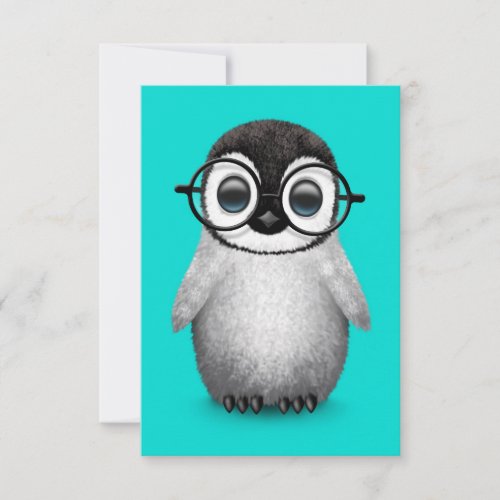 Cute Baby Penguin Wearing Eye Glasses on Blue Custom Invites