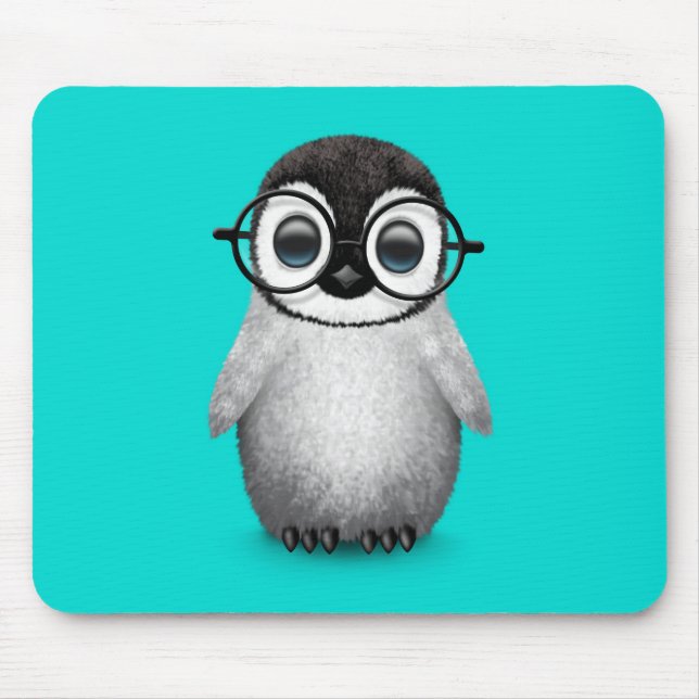 Cute Baby Penguin Wearing Eye Glasses on Blue Mouse Pad (Front)