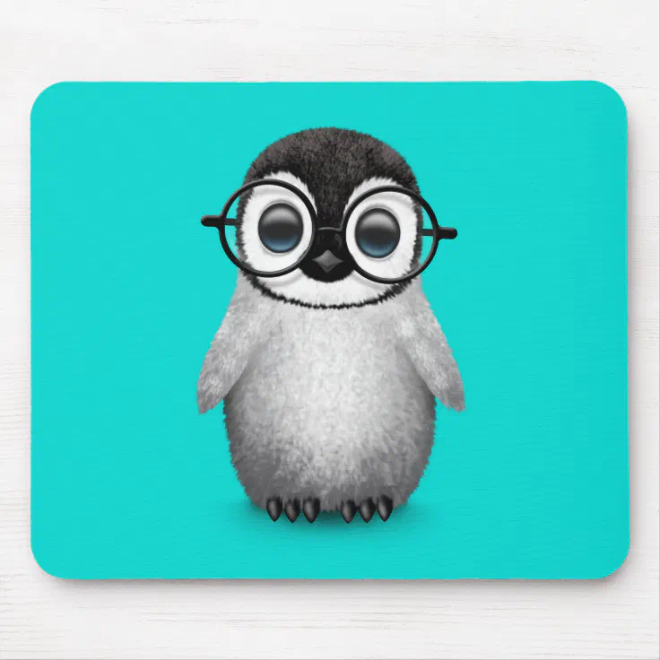 Cute Baby Penguin Wearing Eye Glasses on Blue Mouse Pad | Zazzle