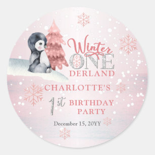Cute Baby Penguin Winter ONEderland 1st Birthday Classic Round Sticker