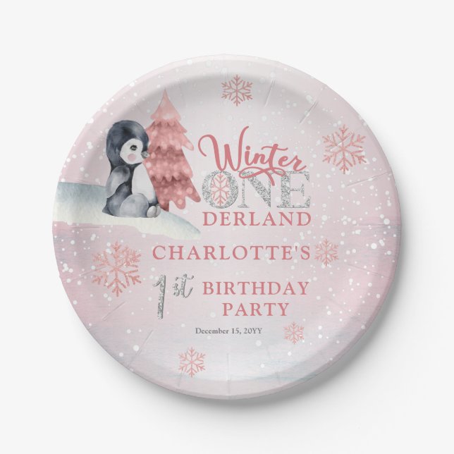 Cute Baby Penguin Winter ONEderland 1st Birthday Paper Plates (Front)