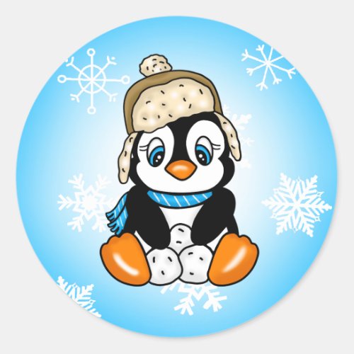 Cute Baby Penguin with Snowflakes Background Classic Round Sticker