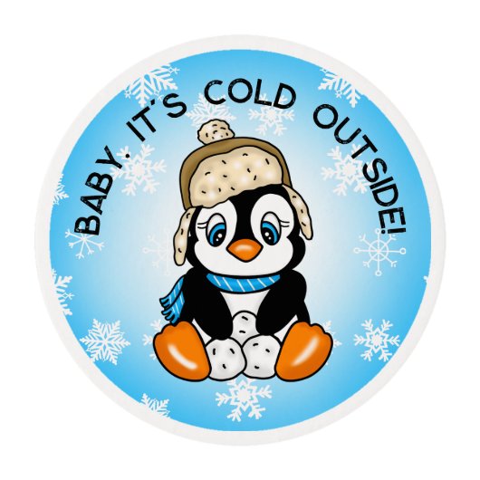 Cute Baby Penguin with Snowflakes Background Edible Frosting Rounds (Front)