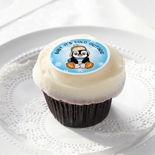 Cute Baby Penguin with Snowflakes Background Edible Frosting Rounds (Cupcake)