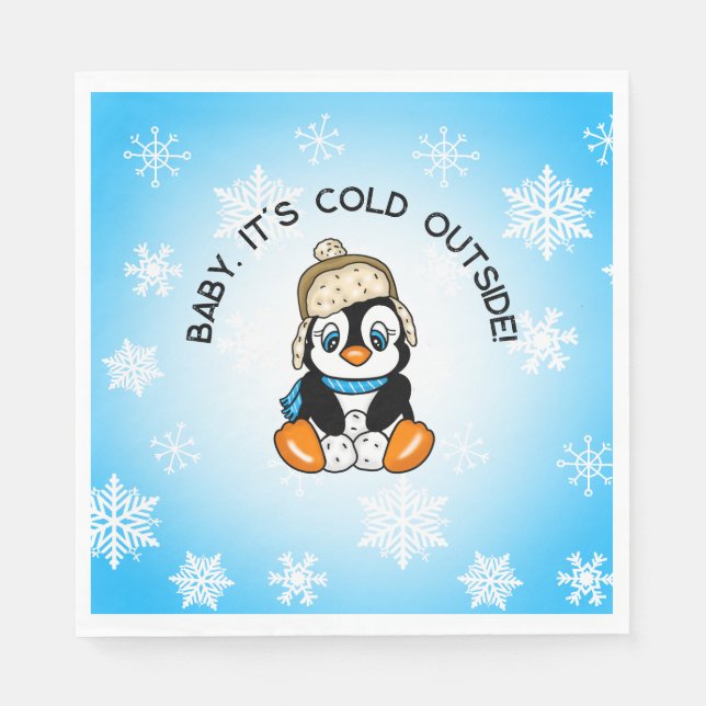 Cute Baby Penguin with Snowflakes Background Napkins (Front)