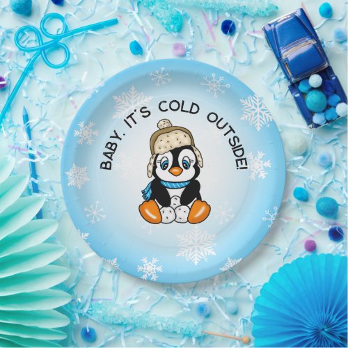 Cute Baby Penguin with Snowflakes Background Paper Plates