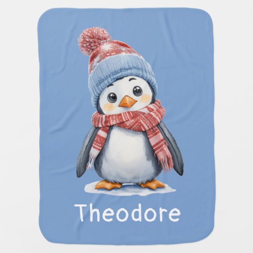 Cute Baby Penguins Pastel Blue Cozy Christmas Baby Blanket