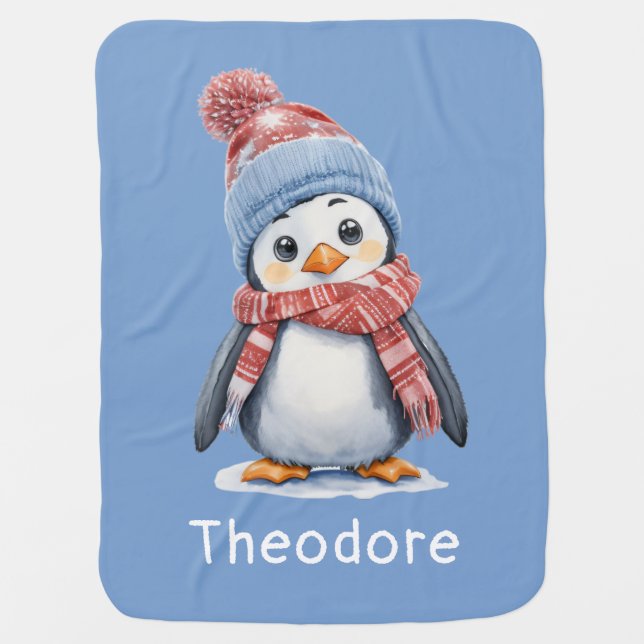 Cute Baby Penguins Pastel Blue Cozy Christmas Blanket (Front)