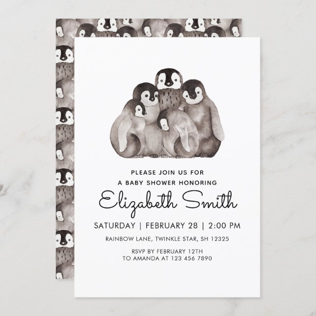 Cute Baby Penguins Winter Watercolor Baby Shower  Invitation (Front/Back)