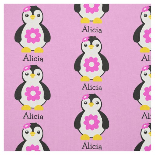 Cute Baby Penguins with Pink Flowers Fabric