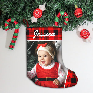 Cute Baby Photo and Name Plaid Small Christmas Stocking