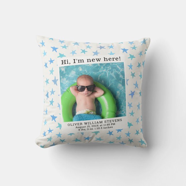 Cute Baby Photo Birth Stats Nursery Throw Pillow (Front)