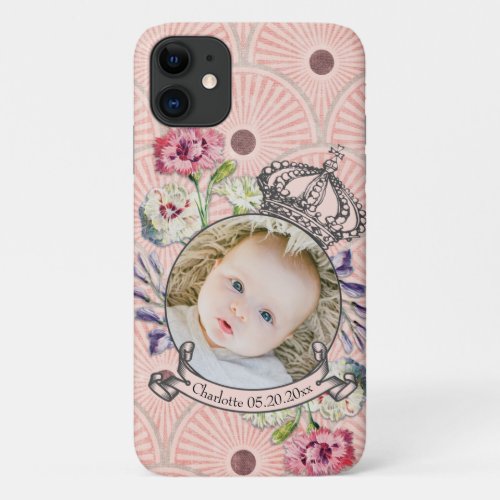 Cute Baby Photo Crown Flowers Pink Vintage Custom iPhone 11 Case