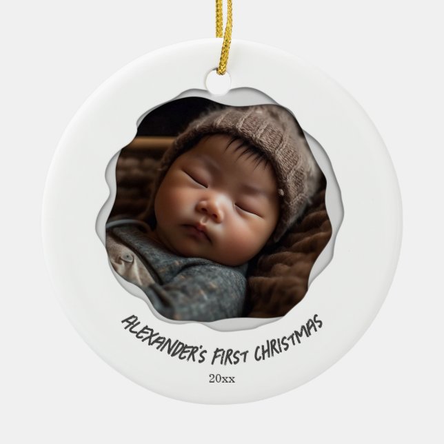 Cute Baby Photo First Merry Christmas Ceramic Ornament (Front)