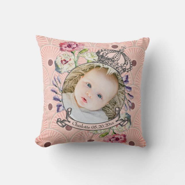Cute Baby Photo Keepsake Name Birth Date Custom Throw Pillow (Front)