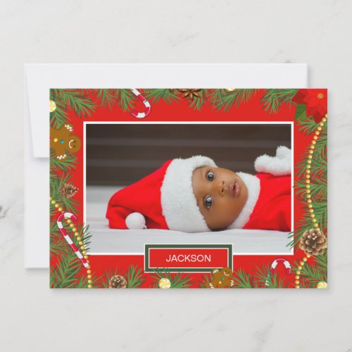 Cute Baby Photo Red Frame Christmas Card