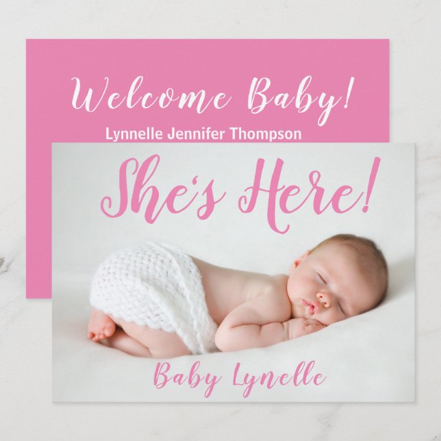 Cute Baby Photo, She's Here, Pink Announcement (Front/Back)