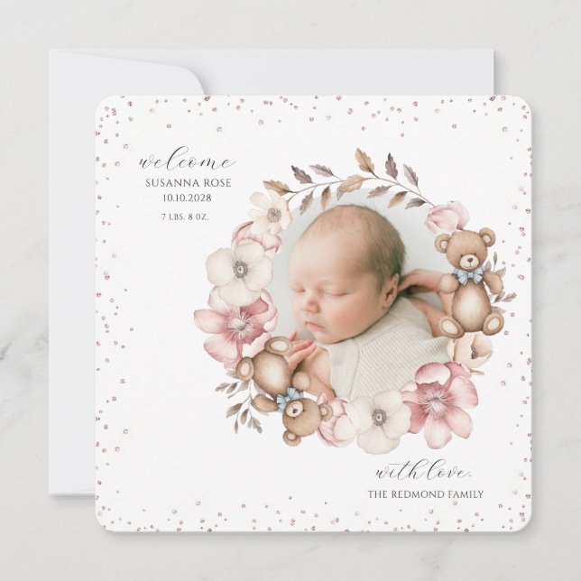 Cute Baby Photo Teddy Bear Wreath Birth Announcement (Front)