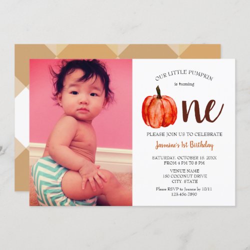 Cute baby photocard first birthday Pumpkin Autumn Invitation