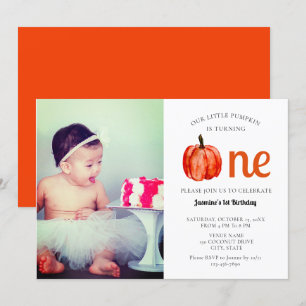 Cute baby photocard first birthday Pumpkin Autumn Invitation