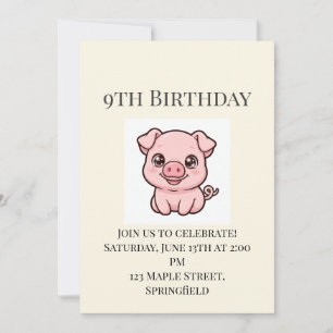 Cute Baby Pig 9th Birthday Invitation