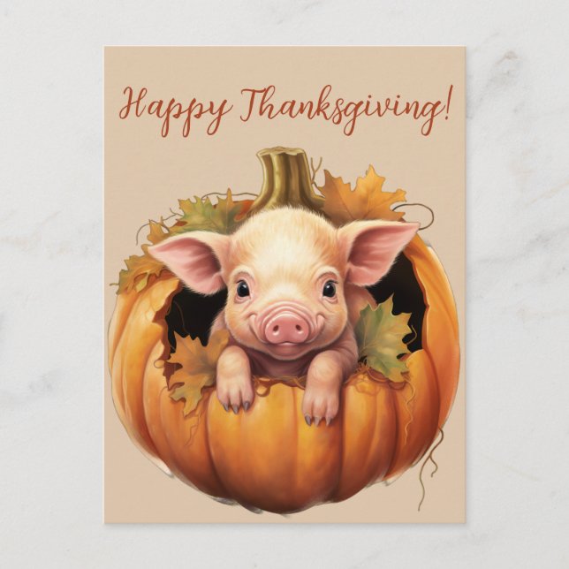 Cute Baby Pig and Pumpkin Thanksgiving Post Card (Front)