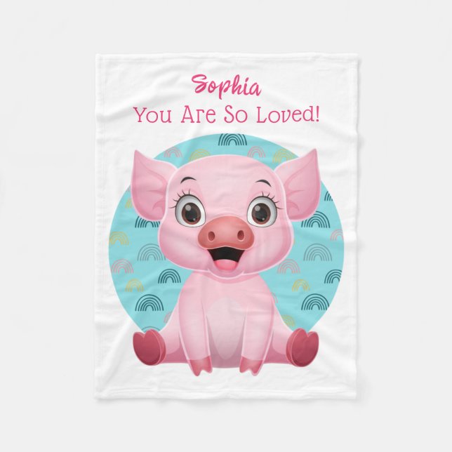Cute Baby Pig Art, Child's Name & Message Fleece Blanket (Front)