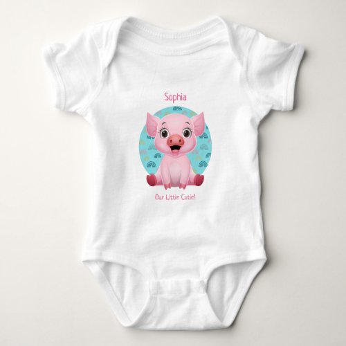 Cute Baby Pig Cartoon DIY Name  Pink Text Baby Bodysuit