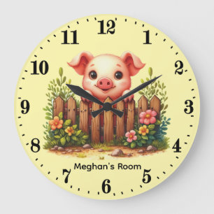 Cute baby pig nursery add name large clock
