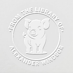 Cute Baby Pig Standing #1 Round Library Book Name Embosser