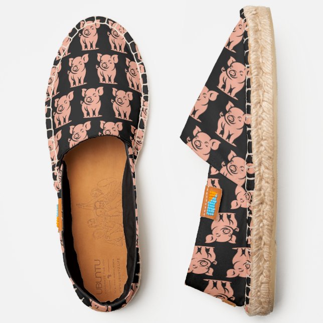Cute Baby Pig Standing Pattern, Black Canvas Espadrilles (Side)
