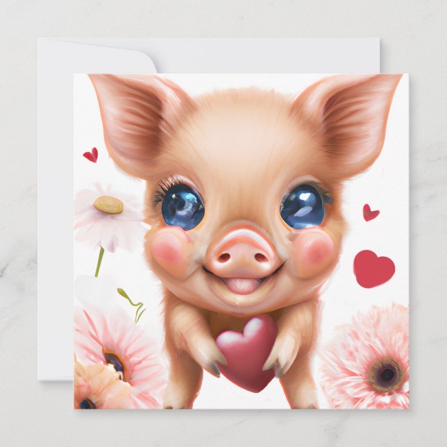 Cute Baby Piglet with a Valentine's Heart  Holiday Card (Front)