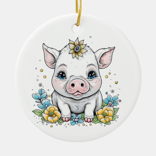 Cute Baby Piglet with Flower on her Head Ceramic Ornament