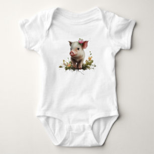 Cute Baby Piglet with Flowers  Bodysuit