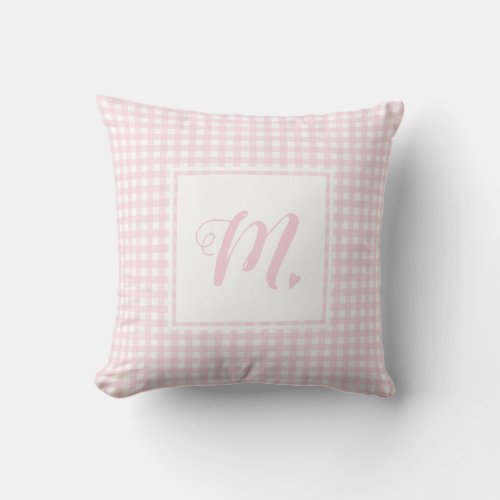 Cute Baby Pink and White Monogrammed Small Gingham Throw Pillow