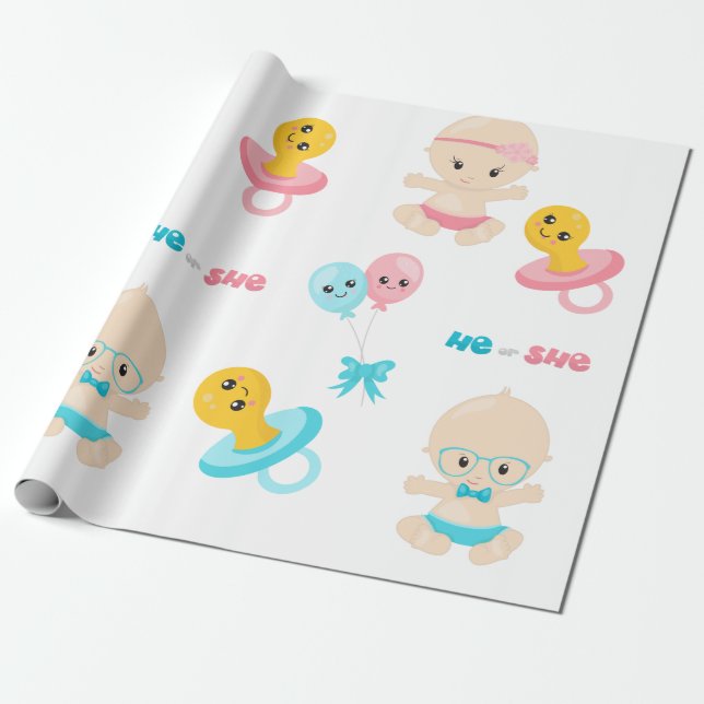 Cute Baby Pink Blue Gender Reveal Party Wrapping Paper (Unrolled)