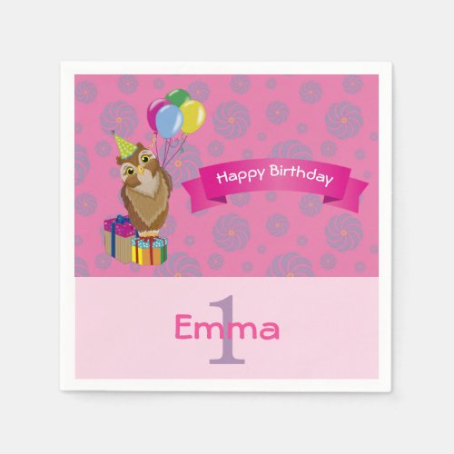 Cute Baby Pink Cartoon Owl Happy Birthday Napkins