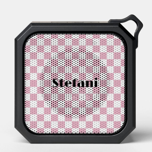 Cute Baby Pink Checkers Pattern Name Bluetooth Speaker (Front)