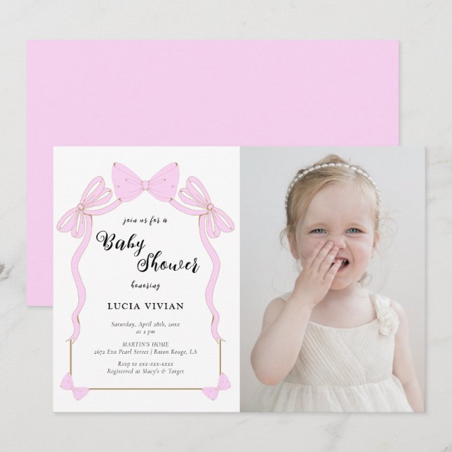 Cute Baby Pink Coquette Bow Photo Baby Shower Invitation (Front/Back)